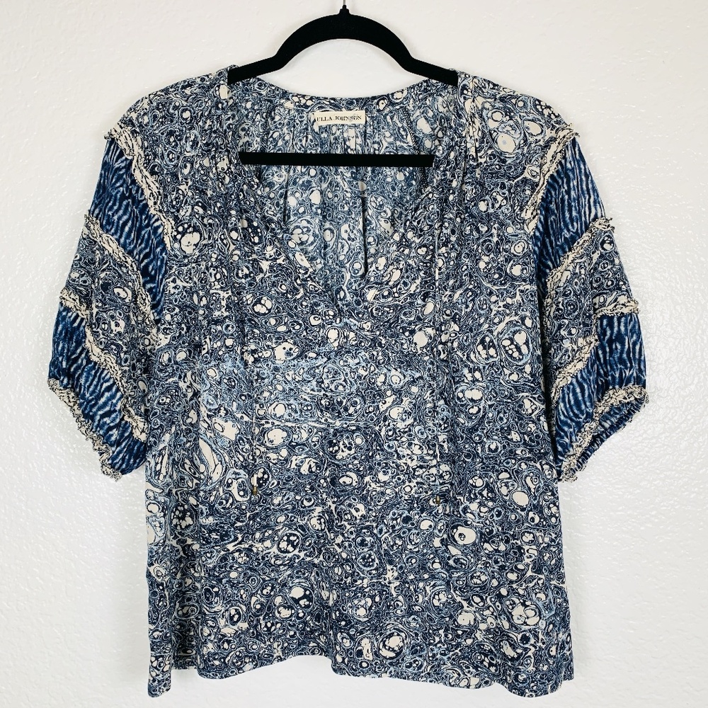 Ulla Johnson Aiko Top Indigo Womens Size 2 Blue White Cotton Blend Boho Peasant